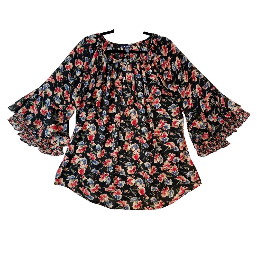 Chaps Top Womens 1X Floral Tiered Bell Sleeves Dark Cottagecore‎ Peasant Country
